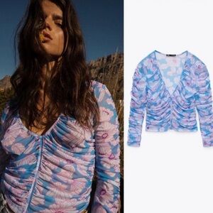 Zara Blue floral ruched Long Sleeve Tulle Sheer Floral Top‎ Woman’s Size Small S
